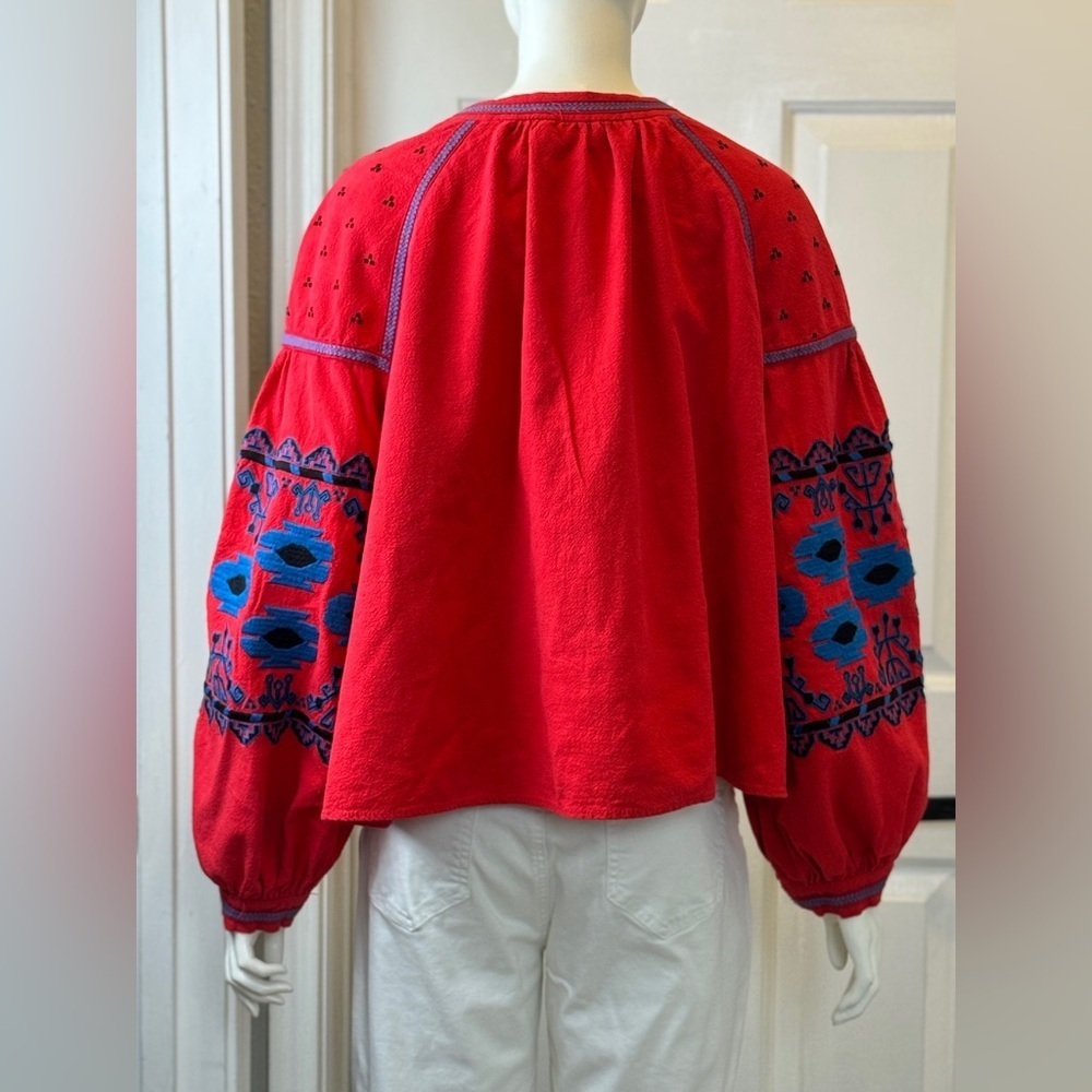 Free People Linen/Cotton Blend Vibrant Red Bohemian Jacket Blue Floral Accents L - Picture 3 of 15